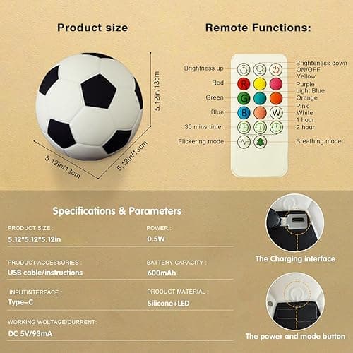 Soccer Silicone Night Light for Kids , 9 Colors with Remote Timer, Dimmable Rechargeable Baby Night Lights for Nursery, Battery Operated Lamp for Bedroom, Girls and Boys, Toddler, Baby Gifts (5.12 IN) thumbnail 8