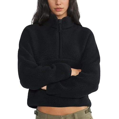 Keeliya Womens Fleece Sweatshirts Cropped Half Zip Fuzzy Warm Sherpa Pullover Varsity Jackets with Zipper Pockets - Image 1