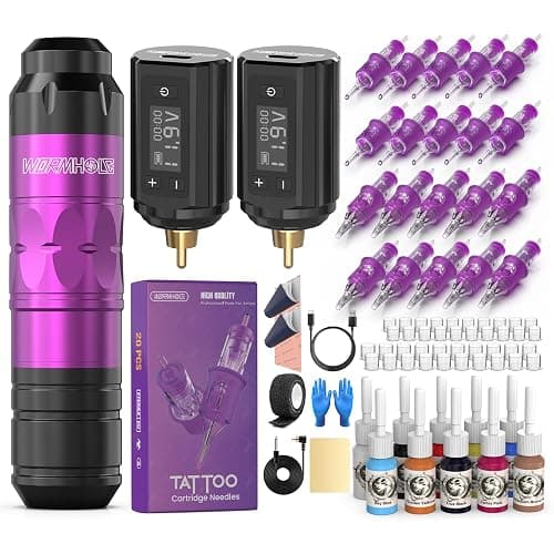 Wormhole Tattoo Gun Tattoo Kit with Wireless Tattoo Machine, 2PCS 1,200mAh Capacity Tattoo Batteries, 20 Cartridge Needles with Finger Ledge, Ink Color Set for Artists-Purple - Image 1