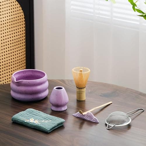 7Pcs Japanese Matcha Tea Set, Matcha Kit with Matcha Bowl (with Pouring Spout), Matcha Whisk, Whisk Holder, Strainer - Elegant Matcha Set for Gifting and Personal Use, Gift Box Packaging (Purple;) thumbnail 4