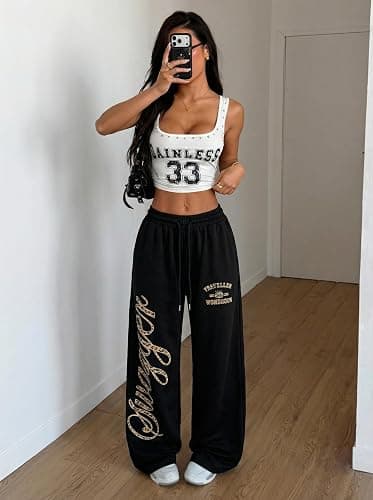 ZAFUL Womens Wide Leg Sweatpants Y2K Gothic Graffiti High Waisted Lounge Pants Athletic Joggers Pants with Pockets thumbnail 4