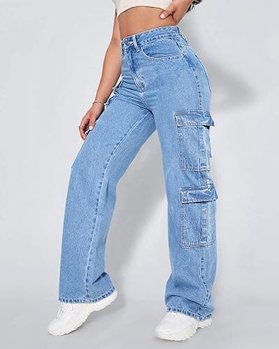 Flvsun Women's High Waist Baggy Cargo Jeans Flap Pocket Y2K Streetwear Wide Leg Denim Pants thumbnail 6