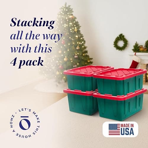 HOMZ 4-Pack Durabilt Tote, Heavy Duty Plastic Storage Bins with Lids, 15 Gallon, Green/Red - Stackable Organizing Containers for Home, Garage, and Office thumbnail 4