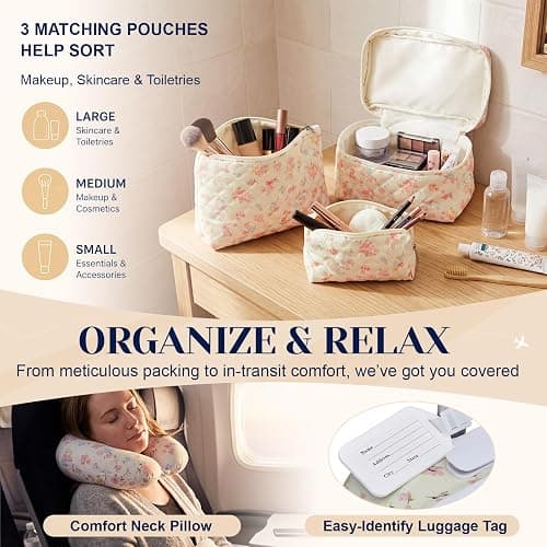 Redbaker 7 Pcs Floral Luggage Set for Women,Beige | 20" Carry Travel Suitcase Quilted Duffel Bag Makeup Bags Neck Cushion & Name Label thumbnail 4