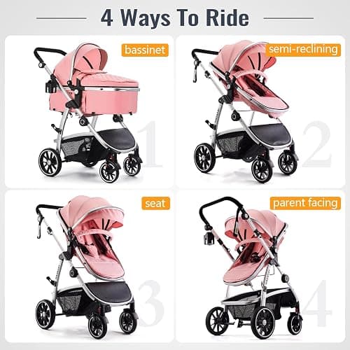 Hagaday Baby Stroller, 2-in-1 Reversible Toddler Seat with Bassinet Mode, Foldable Infant Stroller with Canopy, One Button Brake, Adjustable Handle, Newborn Pushchair(Pink) thumbnail 3