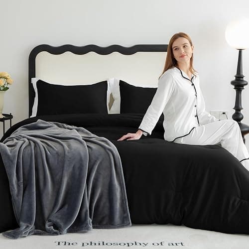 CozyLux King Size Comforter Set Black, 3 Pieces Solid Comforters King Size Breathable Quilted Style Bedding Set, Luxury Soft Microfiber Down Alternative Comforter Bed Set (1 Comforter & 2 Pillowcases) thumbnail 9