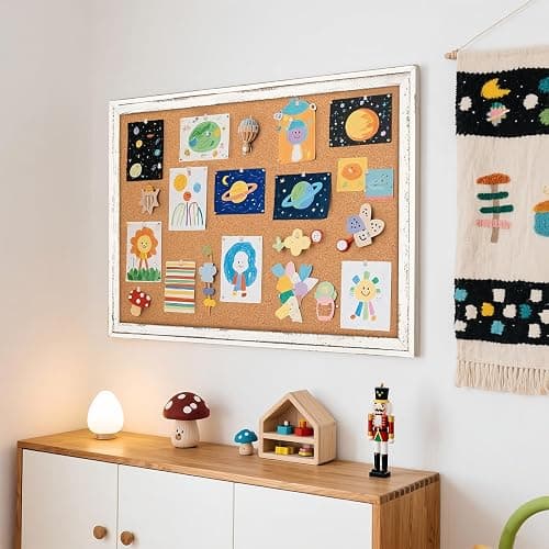 QUEENLINK Cork Board Bulletin Board, 36" x 24" Corkboard for Wall, Rustic White Wooden Frame, Hanging Pin Board for Home & Office Decor, 10 Push Pins thumbnail 9