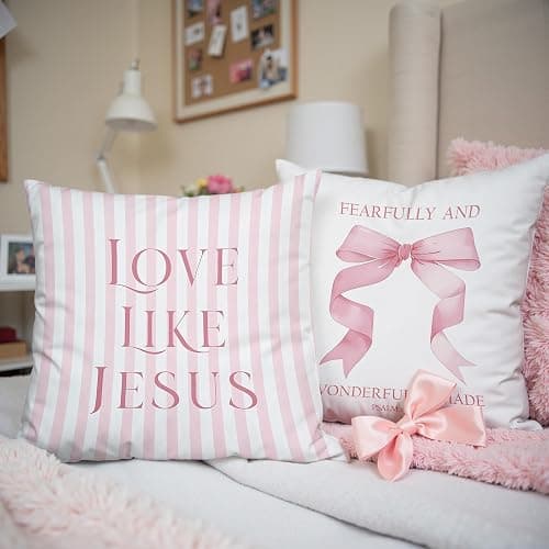 GTYNU Coquette Pink Bow Christian Throw Pillow Covers 18x18 Set of 2,Pink Bow Christian Room Bedroom Dorm Decor Aesthetic for College Teen Girls Gifts, Inspirational Bible Verses Bow Pillowcase（03） thumbnail 4