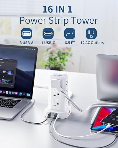 Extension Cord with Multiple Outlets, SMALLRT Flat Plug Surge Protector Power Strip Tower with USB 12 AC Outlets, 6.5FT Ultra Thin Extension Cord Outlet Extender for Home Office, Overload Protection thumbnail 2