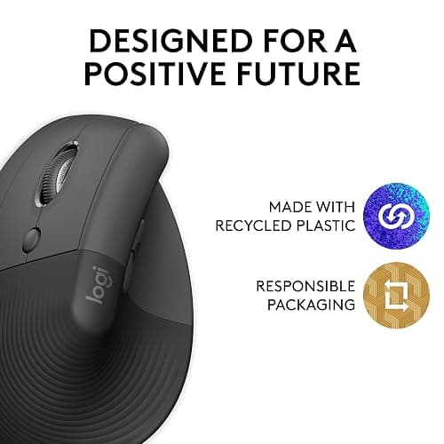 Logitech Lift Vertical Ergonomic Mouse, Wireless Bluetooth or USB Receiver, Quiet Clicks, 4 Buttons, Left Hand Wireless Mouse, Windows/macOS/iPadOS, Laptop, PC - Graphite thumbnail 5