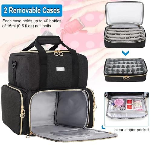 Nail Polish Organizer Holds 80 Bottles and a Nail Lamp,Nail Polish Carrying Case with 2 Removable Bags,Nail Organizers and Storage for Nail Tech,Portable Nail Polish Holder for Nail Supplies,Black thumbnail 3