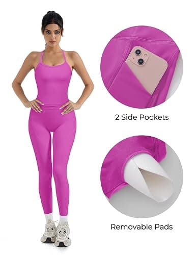 SUUKSESS Women 2 Piece Workout Sets Compression Tummy Control Leggings with Pockets Halter Built in Bra Tank Tops thumbnail 2