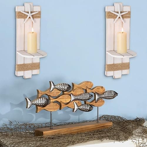 SOMTO White Starfish Wall Candle Sconces,Beach Themed Wall Decor Ocean Wall-Mount Candleholders,Nautical Style Bathroom Decor, Coastal Farmhouse Seashell Candle Holders,Set of 2 thumbnail 2