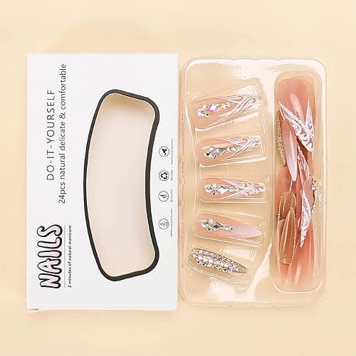 RUOKEXIN Long Press on Nails Stiletto Shaped Fake Nails Handmade False Nails with Rhinestones Designs White Ombre Glue on Nails Glitter Artificial Nails Luxury Stick on Nails for Women 24Pcs thumbnail 5