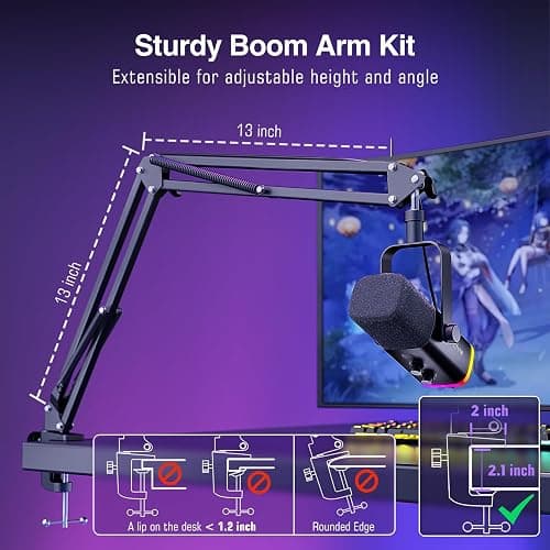 FIFINE XLR/USB Gaming Microphone Set, Dynamic PC Mic for Streaming Podcasting, Computer RGB Mic Kit with Boom Arm Stand, Mute Button, Headphones Jack, for Recording Vocal Voice-Over-AmpliGame AM8T thumbnail 6