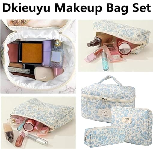 Dkieuyu 3Pcs Cotton Quilted Makeup Bag Set, Cute Floral Makeup Bags, Large Travel Coquette Make up Bag Cosmetic Bag Toiletry Organizer Bag for Women Girls (A) thumbnail 3