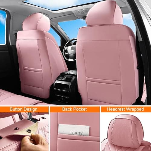 GEZHOUBA Pink Car Seat Covers Full Set, Full Coverage Luxury Leather Car Seat Protector Universal Fit for Most Cars SUVs Pick-up Trucks, Pink Seat Covers Car Interior Accessories for Women thumbnail 4