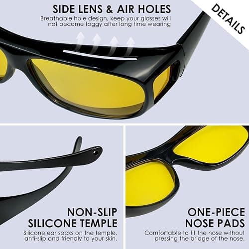 Chiccool Night Driving Glasses Fit Over for Men Women, Anti Glare Polarized Night Vision Glasses, Wrap Around HD Yellow Lens thumbnail 2