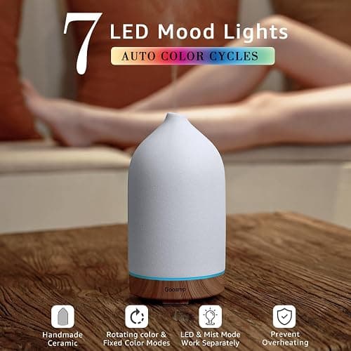 Gooamp 200ML Ceramic Essential Oil Diffuser - Ultrasonic Aromatherapy & Humidifier with 7-Color LED Lights, Auto Shut-Off, Wood Grain Base, 1H/3H/6H Timer | Scent for Home, Office, Yoga thumbnail 2