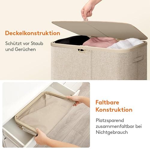 Lifewit 165L Wäschekorb mit Deckel und 3 Fächern, Beige | Großer faltbarer Wäschesortierer mit 3 Wäschesäcken und Tragegriffen für Schlafzimmer, Bad und Waschküche thumbnail 8