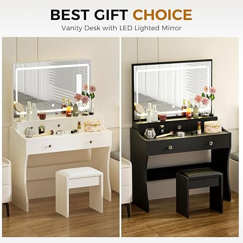 COMHOMA Makeup Vanity Desk with Mirror and Lights, Vanity Table and Chair Set with 5 Drawers and Charging Station, Bedroom Dresser LED Mirror Stepless Dimmable & 3 Color Modes Adjustable, White thumbnail 7