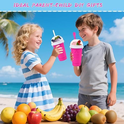 500ML Slushie Maker Cup - DIY Magic Slushy Maker Squeeze Cups, Portable Smoothie Squeezes Cup for Milk and Ice Cream Make, Double Layer Slushy Maker Cups, Birthday Gifts for Family (Pink, 500ML) thumbnail 2