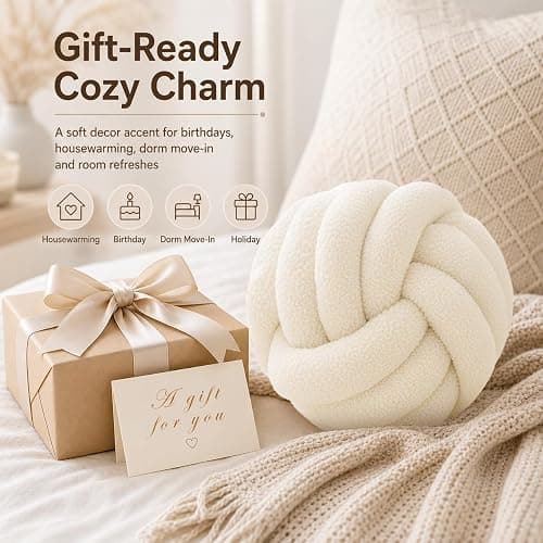 Petrella Ivory White Knot Pillow Ball, 8 Inch Round Decorative Throw Pillow | Lambswool, Handmade, Soft Touch, Machine Washable, Throw Pillow for Couch, Bed, Accent Chair, Bedroom and Living Room Decor thumbnail 6