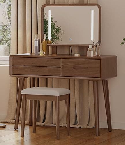 KungFuWood Solid Wood Vanity Desk with Mirror and 3 Lighting Modes,Makeup Vanity Adjustable Height with 3 Drawers,Easy Assemble Vanity Table,Dressing Table for Bedroom and Living Room - Image 1
