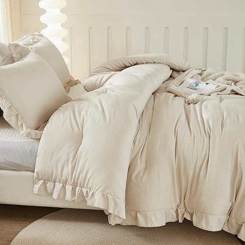 Litanika Queen Comforter Set Beige, 3 Pieces Ruffle Lightweight Bedding Comforter Set, Fluffy Bed Set (90x90In Comforter, 2 Pillowcases) thumbnail 5