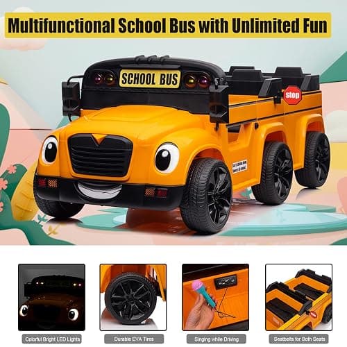 POSTACK 24V Kids Ride on School Bus, 2 Seater Ride on Car with Remote Control, Battery Powered Cars for Kids Boys Girls, Electric Ride on Toy with Microphone, Music, Yellow thumbnail 4