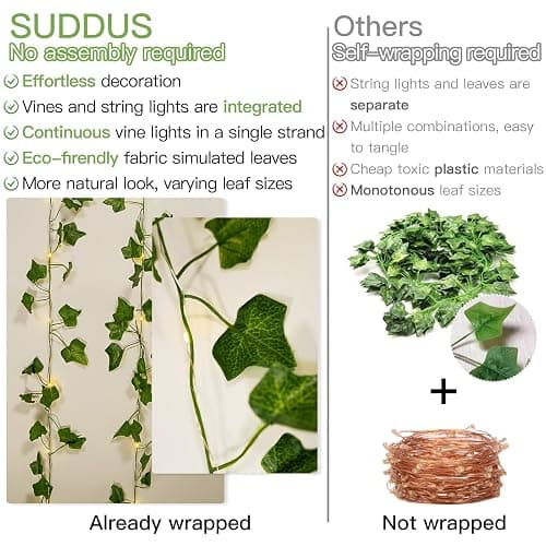 suddus 33FT 100LED Ivy Vine Fairy Lights Battery Operated Copper Wire | String Lights with Remote,Leaf Lights for Bedroom,Dorm,Wedding,Party, Garden,Wedding,Classroom Decor (Warm White) thumbnail 4