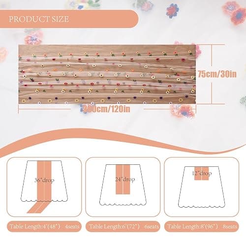 Lvory Embroidery Daisy Table Runner 10ft 120 Inch Fall Florals Gauze Tulle Cheesecloth Holiday Kitchen Dining Table Decoration for Home Wedding Party Baby Shower Birthday Decorations thumbnail 2
