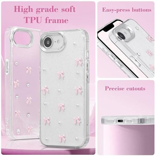EYZUTAK Case for iPhone 17e/iPhone 16e, Bling Glitter 3D Bowknot Phone Case Cute Sparkly Crystal Clear Bow Aesthetic Design Cover Slim Soft Durable TPU Transparent Protective Cover for Women-Pink Bow thumbnail 4