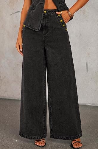 loveimgs Women 2 Piece Denim Set Button Sleeveless Jean Vest Denim Top Y2k Shirt Wide Leg Jeans Palazzo Pants Outfits thumbnail 6