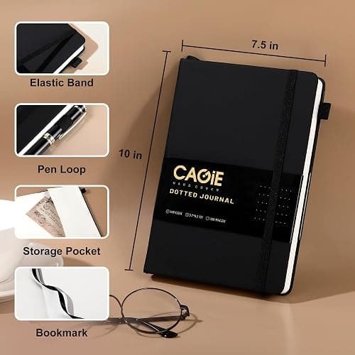 CAGIE Bullet Dotted Journal Notebook 320 Pages 100 GSM Paper Hardcover A5 Dot Grid Notebook Leather Journals for Writing Women Men Work Journaling, Black thumbnail 3