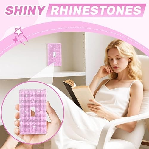 Bling light Switch Cover Plate,Decorativedecorative Light Switch Covers,Silver Pink Shiny Wall Plate Cover,Shiny Rhinestones Single Light Decorative Cover for Bedroom Accessories Home Decor (Pink) thumbnail 3