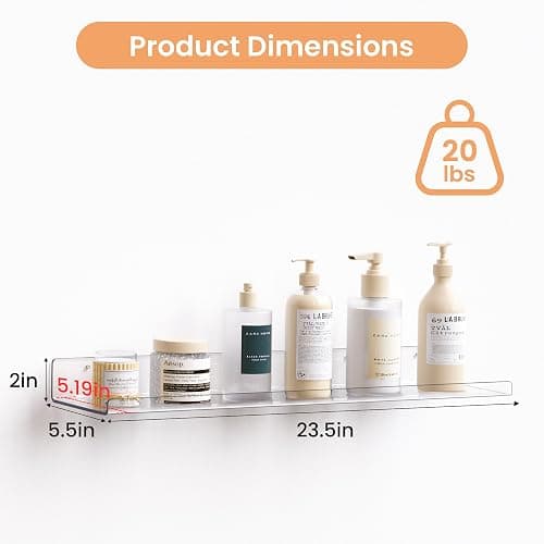 upsimples 2 Pack 23.6x5.5 Inches Acrylic Shelves for Wall Storage, Floating Bookshelves for Kids, Display Shelf Organizer for Bathroom, Bedroom, Living Room, Kitchen, Clear thumbnail 3