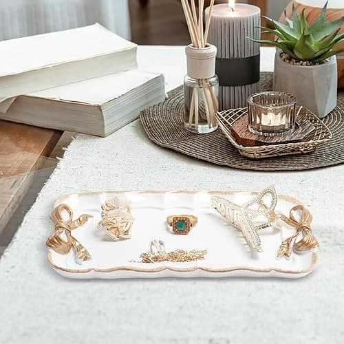 Warmtree Vintage Jewelry Organizer, Decorative Tray for Jewelry, Towel, Storage, Rings, Bracelets, Earrings, Cosmetics, Retro Design, Bow Decor Resin Plate Coquette for Room Decor, White thumbnail 3