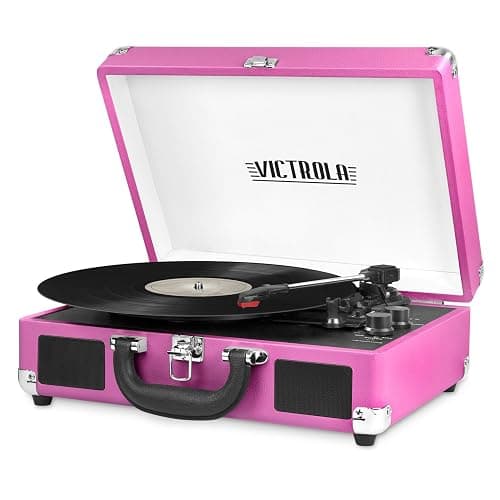 Victrola Journey Bluetooth Portable Suitcase Record Player – with Built-in Speakers, 3 Speed Vinyl Record Player, RCA Out, Headphone Jack (Pink) - Image 1