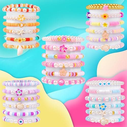 6PCS Clay Bead Bracelets for Women Preppy Cute Bracelets Jewelry Set Colorful Evil Eye Polymer Pearl Beaded Stretch Bracelets Jewelry for Women… thumbnail 5