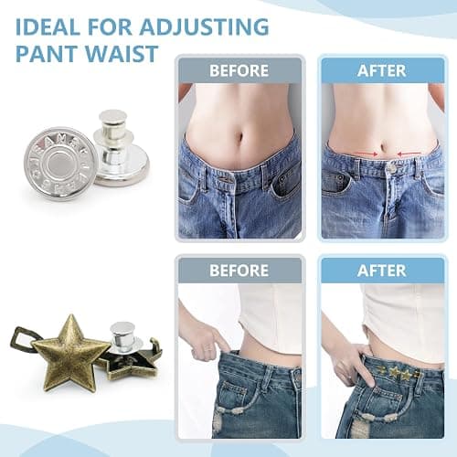 ROPAKED 16 Sets Buttons Pins for Loose Jeans Pant Waist Tightener No Sew Jeans Button Replacement, Reusable Waist Cincher Clip Adjustable Pants Button Tightener Metal Star Brooch for Clothing thumbnail 2