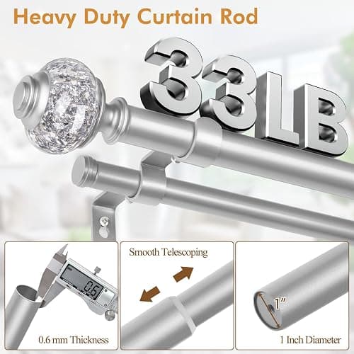 USFOOK Double Curtain Rods for Windows 66-120, 1 Inch Drapery Rod, Silver | Double Layer Window Treatment Rods, Decorative Crystal Ball Finials, Heavy Duty Adjustable Pole, Supports 33lbs, Wall Mounted thumbnail 3
