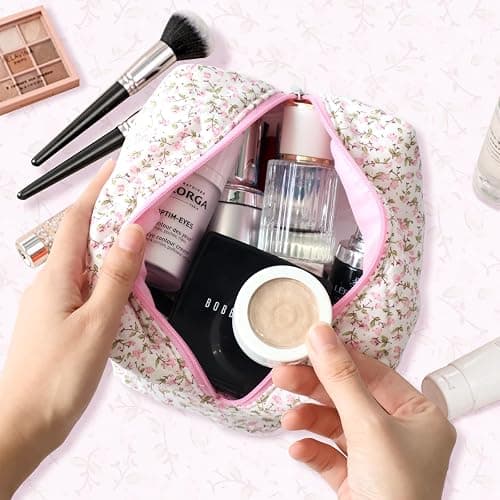 dark swan Cotton Quilted Makeup Bag, Cute Pouch Toiletry Bag Cosmetic Bag Quilted Floral Organizer Bag Travel Coquette Aesthetic Portable Storage Zipper Purse for Women (Pink) thumbnail 6