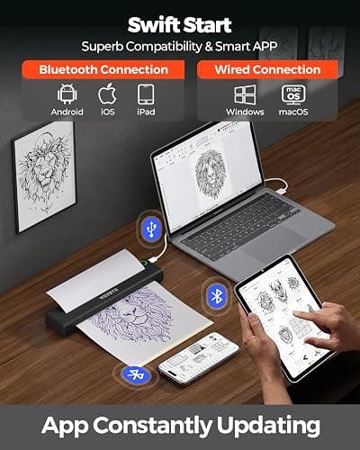 MUNBYN Tattoo Stencil Printer ITP05, Wireless Thermal Tattoo Printer with 20 Transfer Papers, Compatible with Android and iOS Phone/Tablet & PC, Tattoo Printers for Tattoo Artists & Beginners (Black) thumbnail 4
