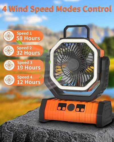 ADUST Camping Fan - 20000mAh Battery Powered Fan Battery Operated Rechargeable Portable Outdoor Tent Fans with Hanging Hook, Cordless, 4 Speeds, Remote Control - Orange thumbnail 3