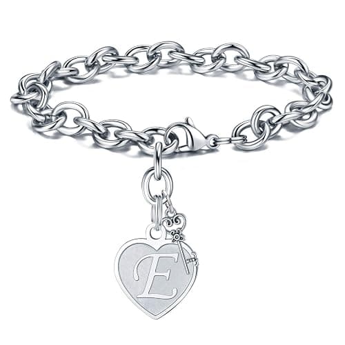M MOOHAM Heart Initial Bracelets for Women Gifts - Engraved 26 Letters Initial Charms Bracelet Stainless Steel Bracelet Birthday Christmas Jewelry Gift for Women Teen Girls - Image 1