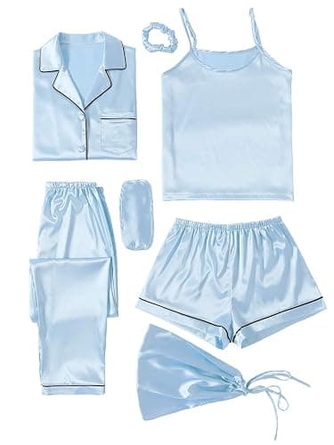 LYANER Women's Pajamas Set 7pcs Silk Satin Sleepwear Loungewear Cami Shirt Pj Set - Image 1