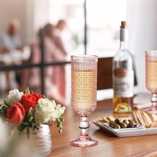 XKXKKE 6 Pcs 5 Ounces Glass Champagne Flutes, Vintage Hobnail Beaded Embossed Colored Glass Sparkling Wine Glasses for Champagne, Cava, Prosecco, Party, Wedding, Bar Fancy Glasses Set of 6 Pink - Pink 6 Count thumbnail 5