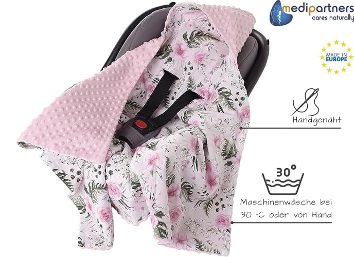 Medi Partners Einschlagdecke Baby Babyschale 100% Baumwolle für Sommer 85x85cm Kinderwagen Kuscheldecke universal Baby Decke Einschlagdecken Babydecke Buggy Autositz (Blument mit Hellrosa Minky) - Hellrosa Blument mit Hellrosa Minky - 85x85cm thumbnail 3
