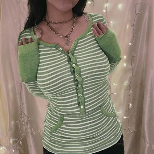 Women Y2K Shirt Fairy Grunge Fall Knit Tops Striped Long Sleeve Downtown Girl Emo Clothes Baggy Graphic Tees thumbnail 3